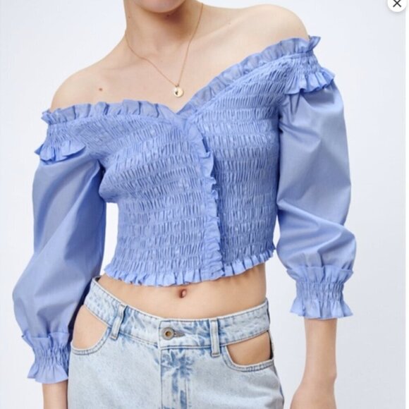 Zara Blue Elastic Trim off the shoulder top Size M - Picture 2 of 9